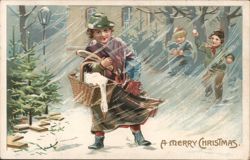 Girl with Goose and Boys in Snowy Christmas Scene Postcard