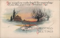 Christmas Greetings Winter Landscape Snowy House Sunset Postcard