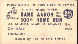 Hank Aaron 500th Home Run Commemorative Card, Atlanta Stadium 1968 Ephemera