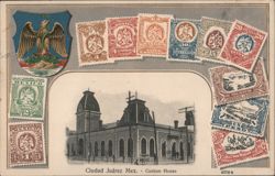 Ciudad Juárez Custom House with Mexican Stamps and Coat of Arms Postcard
