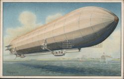 Zeppelin Airship Flying Over Water with Gondolas and Propellers Postcard