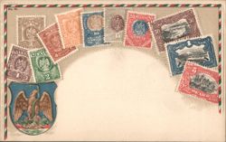Mexican Postage Stamps and National Coat of Arms Postcard