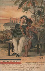 Unsere Marine German Sailor Playing Accordion for Girl, Battleship Postcard