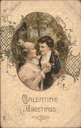 Valentine Greetings with Couple and Rose in Ornate Floral Frame Postcard