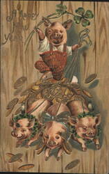 Happy New Year Pigs with Gold Coins and Four-Leaf Clovers Postcard