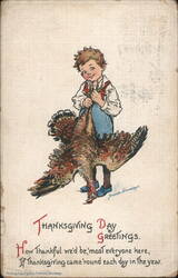 Boy with Thanksgiving Turkey and Holiday Greetings Postcard