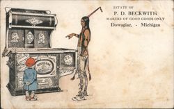 P.D. Beckwith Round Oak Chief Stove Advertising, Native American Man, Child Postcard
