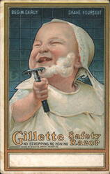 Gillette Safety Razor Ad: Laughing Baby with Shaving Cream, 'Begin Early' Postcard