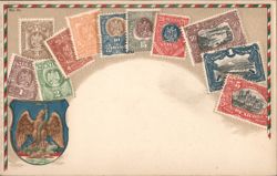 Mexican Postage Stamps Collage with National Coat of Arms Postcard