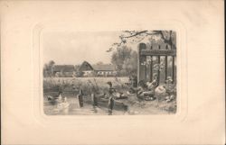Rural Farm Scene with Ducks, Chickens, and Farmhouses Postcard