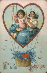Girls on a swing in heart hot air balloon, 'To my true Valentine Postcard