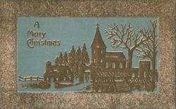 A Merry Christmas Winter Village Scene with Church and Bare Trees Postcard