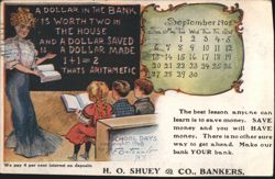 Banking Lesson with Teacher and Children, H. O. Shuey & Co. Bankers, 1908 Postcard