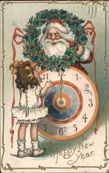 Santa Claus, Little Girl, and Clock for New Year's Greeting Postcard