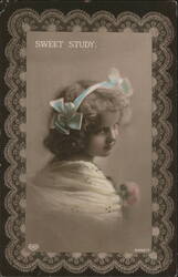 Sweet Study: Young Girl with Blue Bow and Rose Postcard