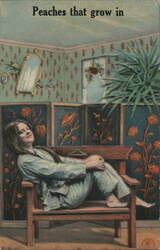 Woman Reclining on Bench, 'Peaches That Grow In' Humorous Card Postcard