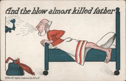 Man Sneezing Violently in Bed, 'And the blow almost killed father' Postcard