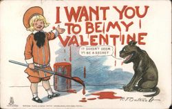 Boy with Paintbrush and Dog for Valentine's Day Postcard
