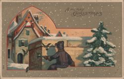 A Merry Christmas Snowy Village Scene with Child Feeding Birds Postcard