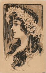 Woman in Profile with Flowers & Ornate Earrings - My best Girl Postcard