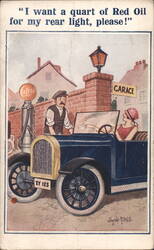 Comic Car Scene: Woman Asks for Red Oil for Rear Light, Donald McGill Postcard