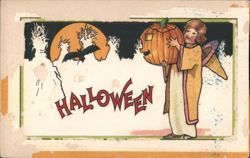 Halloween Girl with Jack-o'-Lantern, Bat, Moon & Haunted House Postcard