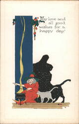 Witch stirring cauldron with black and white cats, 'My love and all good wishes' Postcard