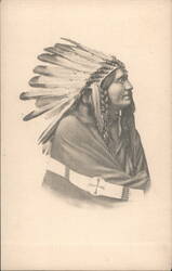 Native American Man in Feathered Headdress Profile Postcard