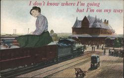 Big Figure Woman on Train with Humorous Saying 'I don't know where I'm going' Postcard