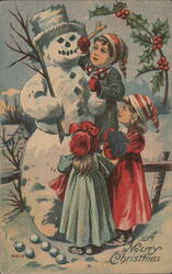 Merry Christmas Children Playing in Snow with Snowman Postcard
