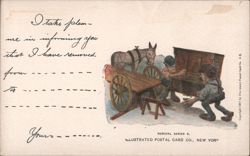 Humorous Moving Day Illustration with Men, Chest, and Donkey Cart Postcard