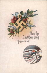New Year Greeting with Floral Swastika and Winter Scene, 1919 Postcard