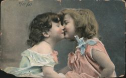 Two Young Girls Kissing, Hand-Colored Postcard