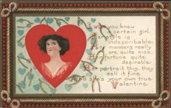 Woman's Portrait in Red Heart with Poetic Valentine's Day Greeting Postcard
