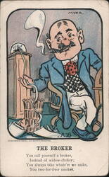 “The Broker” Caricature by Myer with Cigar and Poem Postcard