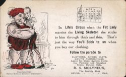 Fat Lady and Living Skeleton Cartoon for R. S. Molyneux Clothing Ad, Azusa, CA Postcard
