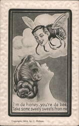 Man with Bee Body and Wings in Cloud, Woman Looking Up, "I'm de honey" Postcard