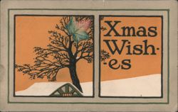 Arts & Crafts Xmas Wishes with Bare Tree and Snow Scene Postcard