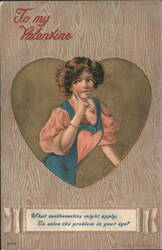 Valentine's Day Card with Thoughtful Young Woman and Mathematical Riddle Postcard