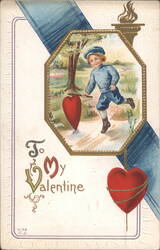 Boy Pulling Heart, To My Valentine, Torch and Ribbon Postcard
