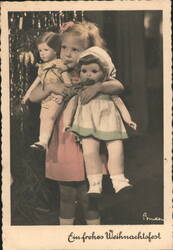 Girl with Two Dolls and Christmas Tree, Ein frohes Weihnachtsfest Postcard
