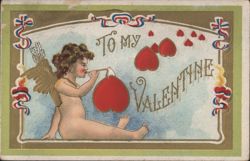 Cupid Blowing Hearts 'To My VALENTINE' with Patriotic Ribbons Postcard