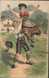 Man and Woman Dancing in Traditional Bavarian Attire, Alpine Scene Postcard