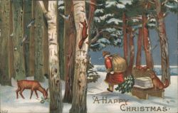 Santa-like Figure in Snowy Forest with Deer, Fox, and Gifts - A Happy Christmas Postcard