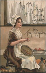Pilgrim Woman Peeling Apples for Thanksgiving Harvest Postcard