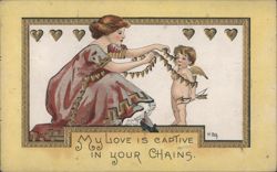 Woman Chaining Cupid with Hearts, 'My Love is Captive in Your Chains Postcard
