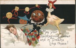 Thanksgiving Nightmare: Boy Dreams of Animated Food and Turkey Postcard