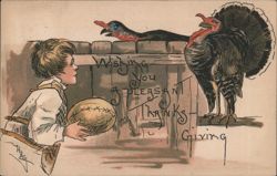 Boy with Pumpkin, Turkey & Bird on Fence, Thanksgiving Greeting Postcard