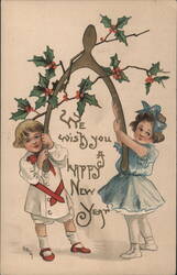 Children Holding Wishbone with Holly, Happy New Year Greeting Postcard