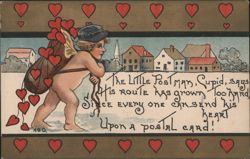 Cupid as Little Postman with Hearts, Valentine's Day Greeting Postcard